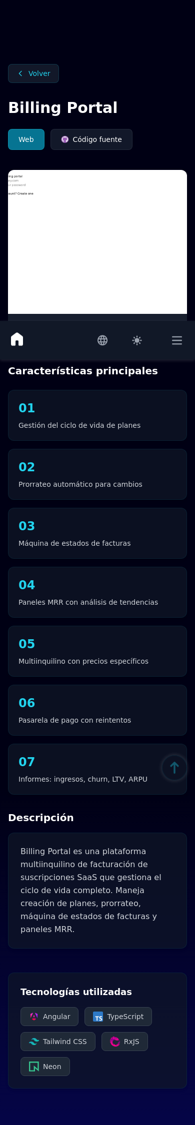 Mobile view of Billing Portal