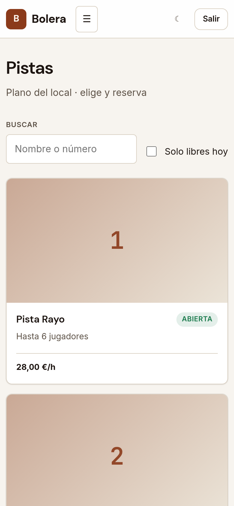 Bolera — Reserva de pistas por franja - Vista móvil