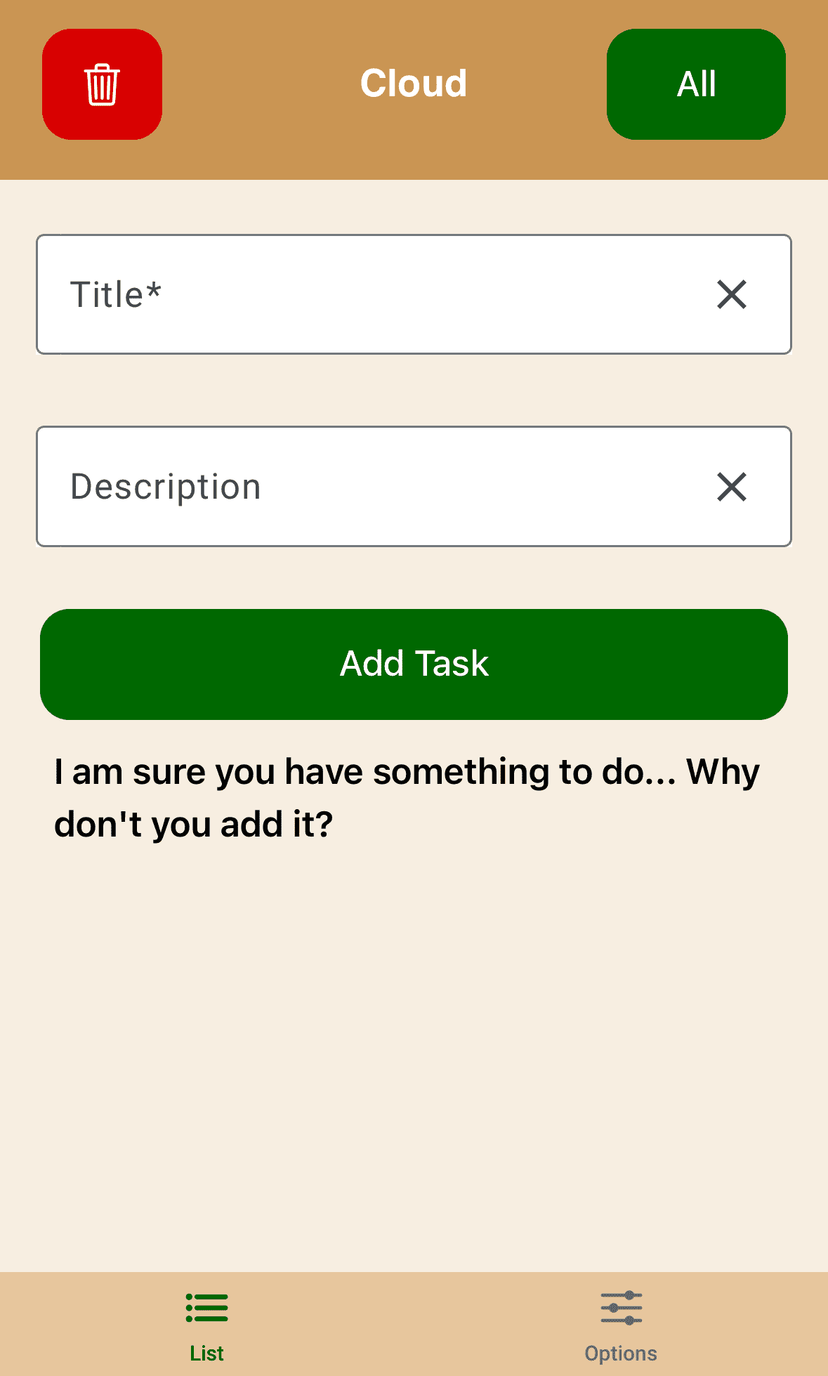 Mobile view of the Task Cloud app