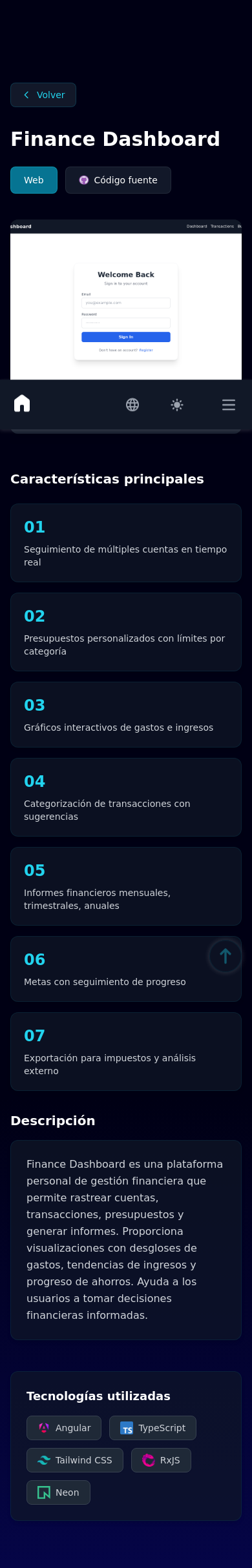 Mobile view of Finance Dashboard