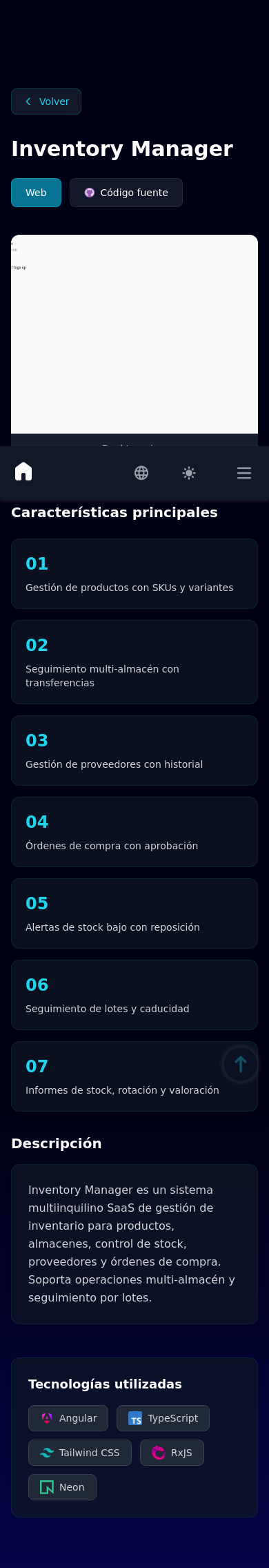 Mobile view of Inventory Manager