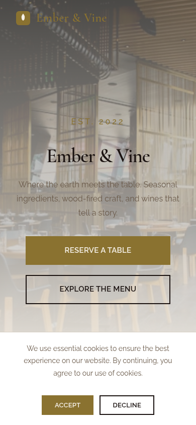 Ember & Vine - Vista móvil