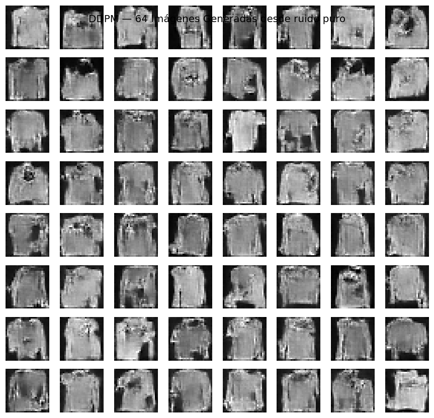 DDPM Difusión - 64 imágenes generadas desde ruido