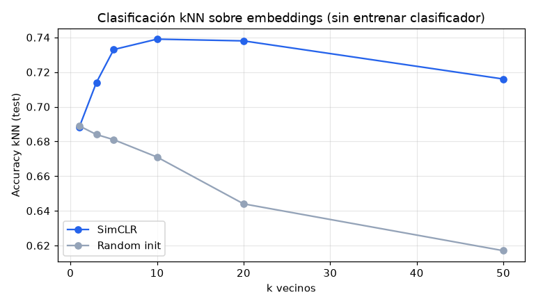 SimCLR — Self-Supervised Learning contrastivo - Barrido kNN sobre embeddings