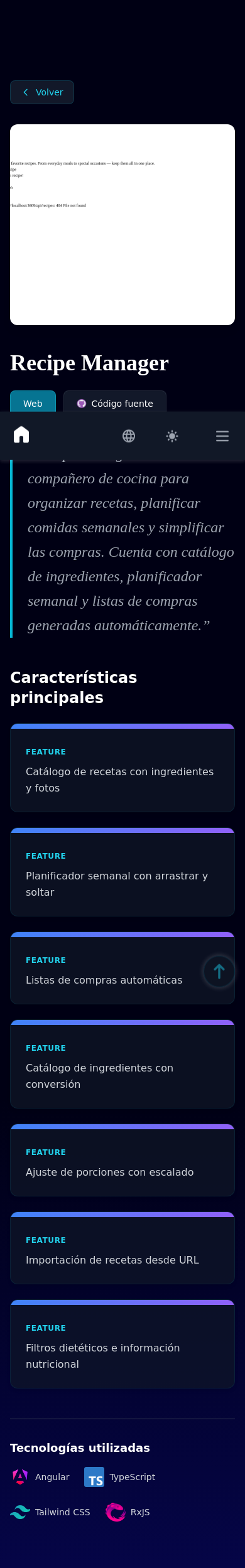 Mobile view of Recipe Manager