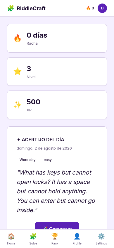 RiddleCraft - Vista móvil