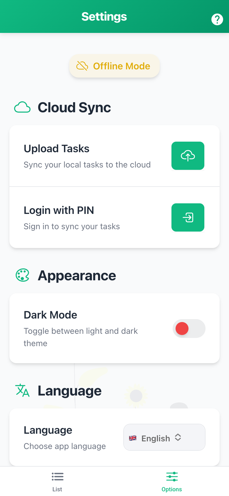 Task Cloud — Settings · mobile