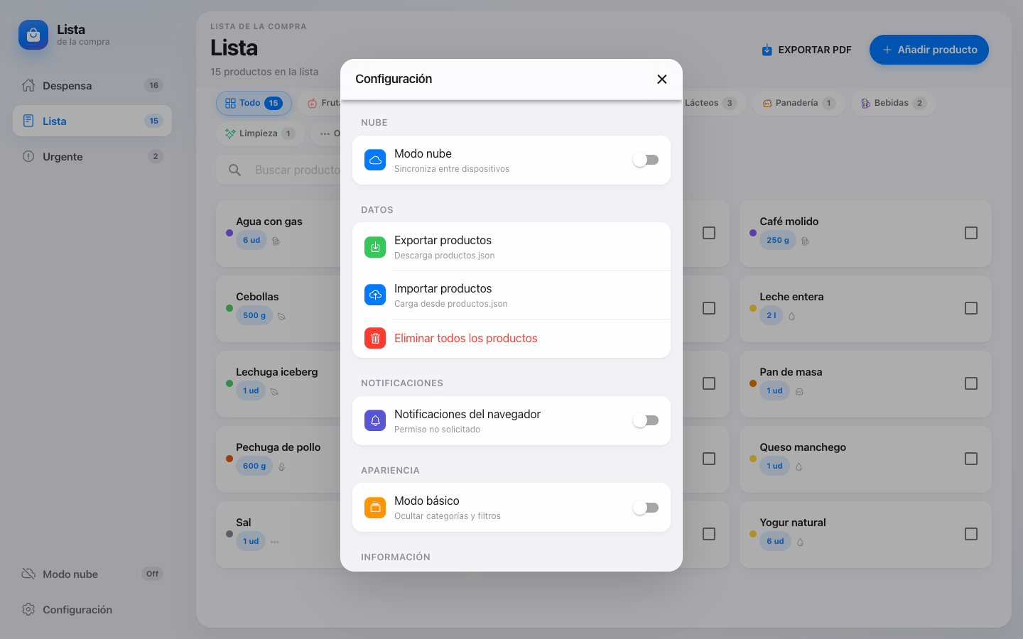 Shopping list — Settings