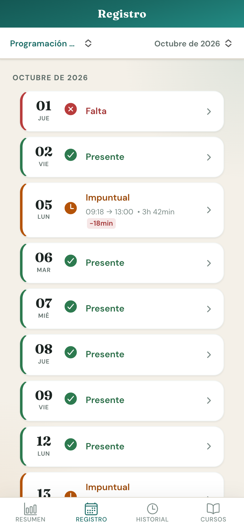 Presencia — Log · mobile